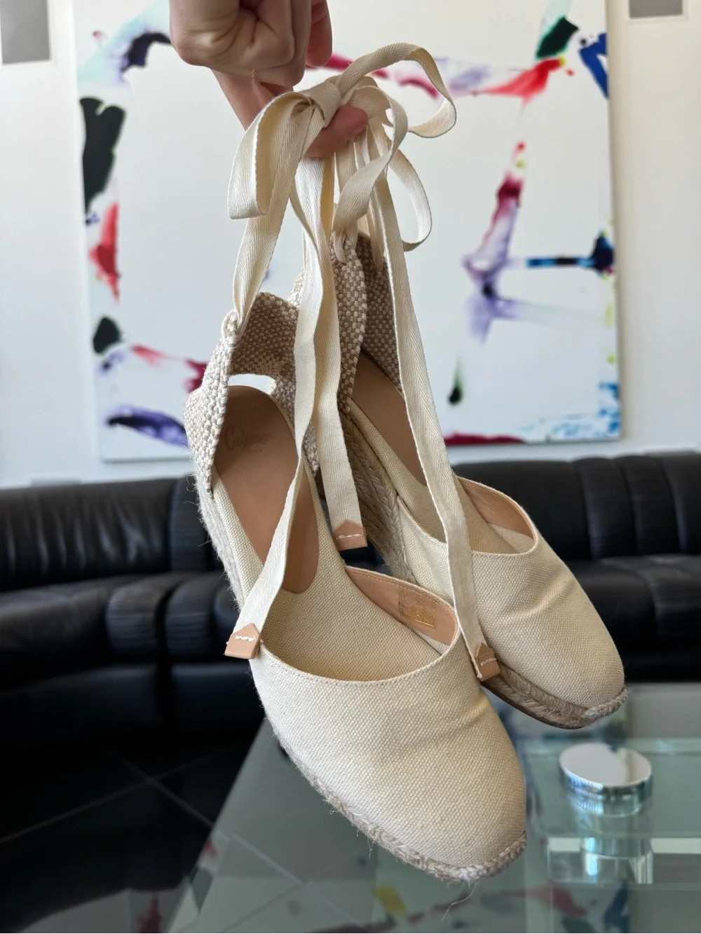 Beige Canvas Espadrille Wedge with Ankle Ties